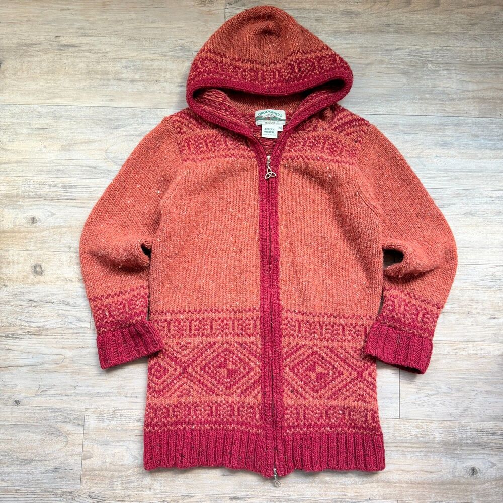 Aran Crafts Ireland 100% Wool Long Zip Hoodie Medium Intarsia Knit Rust